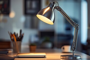 Refined form metal desk lamp adjustable arm brushed steel finish bright neutral background high-definition details tech-inspired design