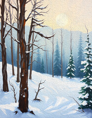 Winter landscape painted with oil paint. Pattern for printing on wall decorations and covers
