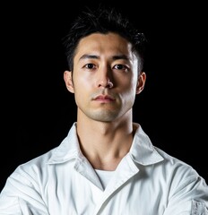 Obraz premium 白い服を着た男性が真剣な表情でカメラを見つめる