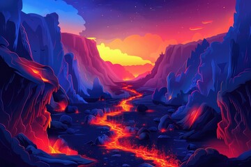 Lava River Flows Through Vibrant Canyon At Sunset