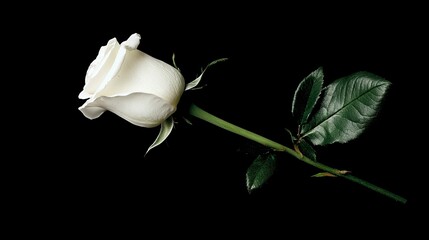 A single white rose with green leaves against a black background, symbolizing purity and elegance.