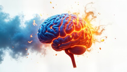 Burning brain illustration shows intense energy, activity. Fiery flames envelop 3D model of brain. Orange, blue colors symbolize powerful contrasting forces. Illustration highlights concepts of