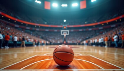 Energetic basketball arena filled with vibrant crowd. Fans in motion, excited before game. Banner area empty. Hardwood court ready for action. Indoor sport venue. Thrilling sports event. Athletic
