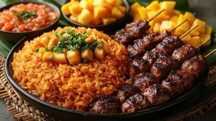 Delicious plate of jollof rice topped with plantains, served with grilled meat skewers and side dishes, showcasing vibrant flavors of African cuisine.