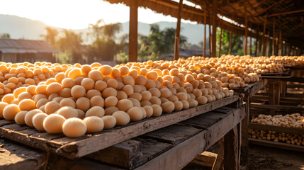 Silk Cocoons Drying, Capturing the Delicate Process of Silk Production with Textured Cocoon Forms in a Natural, Sunlit Setting