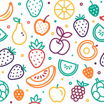 Colorful fruit line art seamless pattern background.