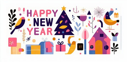 Obraz premium Festive holiday illustration with winter village and Happy New Year message