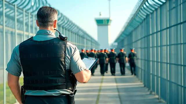Corrections Officer Conducting Roll Call in Prison Yard