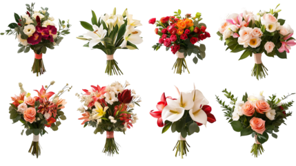 a variety of beautiful and colorful flower bouquets, each with its unique arrangement and color palette Isolated on Transparent Background
