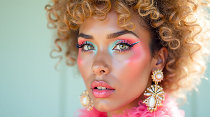 Fototapeta premium Bright makeup look highlights vibrant colors and bold features in a stylish portrait of a model with pink hair