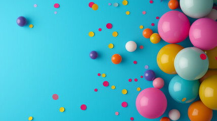 Colorful balls and confetti scattered on a bright blue background create a festive and playful atmosphere.