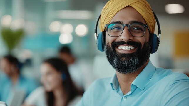 happy indian panjabi man sitting at office