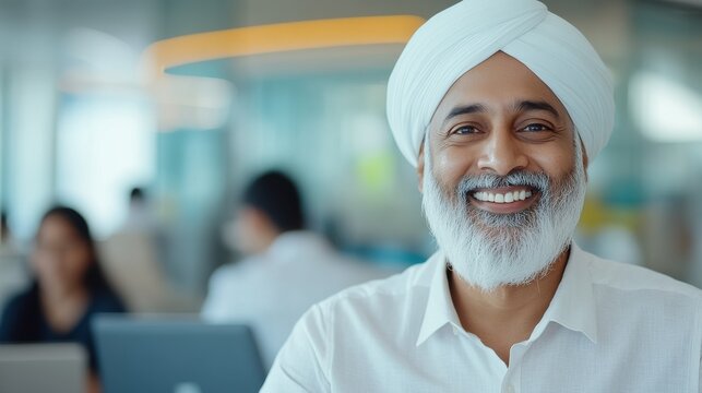 happy indian panjabi man sitting at office - Powered by Adobe