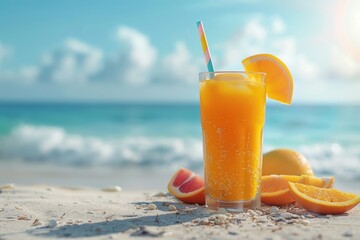 Refreshing orange juice on beach.