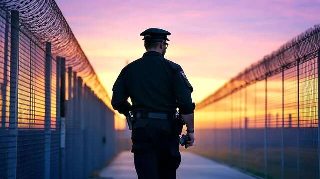 Corrections Officer Walking Along Prison Yard Fence