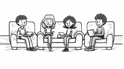Four young friends, two boys and two girls, engage in a lively discussion while holding books on a cozy couch.