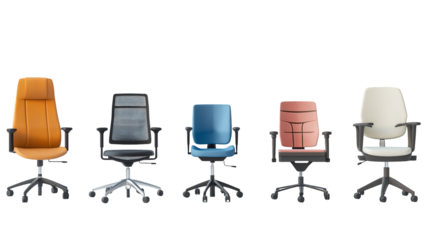 collection of five modern office chairs, each with a unique design and color scheme