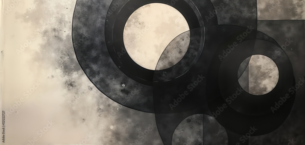 Poster abstract charcoal painting shows circular shapes in muted tones of gray, beige. circles overlap crea