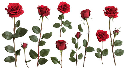 collection of red roses in various stages of bloom, isolated on a white background. The image highlights the beauty, elegance, and symbolism of roses, making it perfect for designers, artists, and any