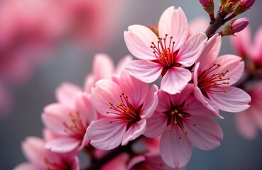 Obraz premium Close-up view of blooming cherry blossom flowers. Delicate pink blossoms in full bloom on branch. Soft light highlights petals, stamens. Natural spring scene. Beautiful floral design. Soft pastel