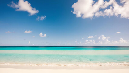 serene tropical beach with turquoise water, white sand, and cloud dotted blue sky