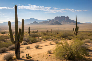 Desert Vista with Saguaro Cacti and Mesas