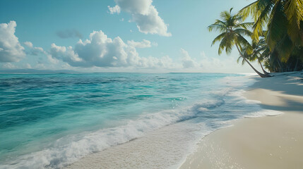 Fototapeta premium Tropical Beach with Palm Trees and Blue Ocean 3D Illustration