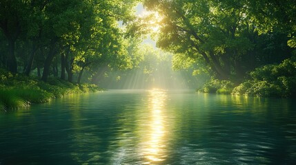 Fototapeta premium Sunlight on a Serene River Winding Through a Forest