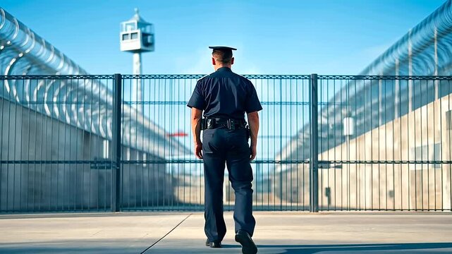 Prison Guard at Steel Gate with Walkie Talkie in Secure Facility