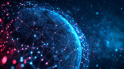 Obraz premium Internet connection world map with neon light effects, Internet, business, technology and network concept background with glowing effects, Advanced data visualization applied to technological design.