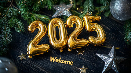 Golden 2025 balloons on a dark wood background with Christmas tree branches and stars, welcoming the new year.