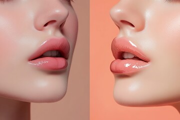 Split-Frame Image of a Woman's Glossy Lips in Natural Beige and Soft Pink Shades