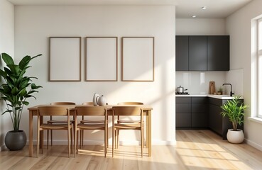 Fototapeta premium Bright kitchen interior with dining area. Wooden table, chairs surround large table. Three empty frames on wall. Modern kitchen corner area with dark cabinets. Sunlight fills space. Stylish plant