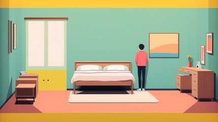 A young man of Asian descent stands contemplatively in a cozy, pastel-colored bedroom setting.