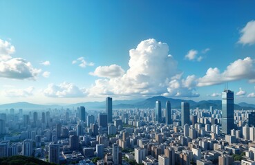 High angle view of modern Seoul cityscape. Skyscrapers and buildings cluster together. Clouds are visible across sky. Mountainous horizon is visible beyond city. Urban landscape. Clear sunny day.