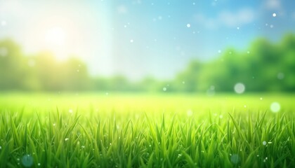 Obraz premium Bright green grass field extends into blurred background of rich green trees, vibrant blue sky. Sunlight filters through trees creating bokeh effect. Idyllic summer landscape. Natural, beautiful