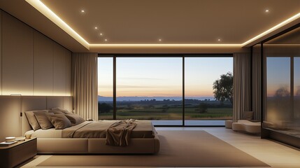 Sleek bedroom design with a neutral-toned color palette, recessed lighting in the ceiling, and a view of the landscape through large panoramic windows.