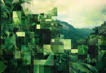 Abstract Representation of Lush Green Tropical Jungle with Geometric Shapes and Layered Textures, Evoking a Sense of Nature and Modern Art Fusion in a Vibrant Environment