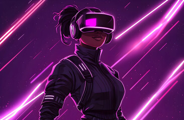 Futuristic woman in VR headset, neon lights.