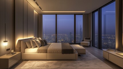 Fototapeta premium Spacious, luxurious bedroom with a floor-to-ceiling window, a king-sized bed with neutral tones, and soft lighting that adds warmth to the clean, minimalist design.