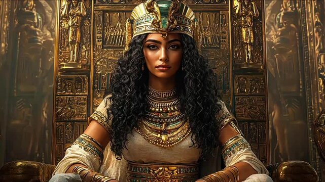 Powerful Egyptian Queen in Gold and Black Regal Attire