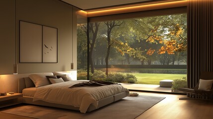 Spacious modern bedroom with a large window overlooking a peaceful garden, featuring a simple yet elegant bed, soft lighting, and muted color tones.