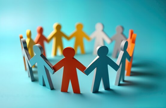Colorful paper cut-out figures form circle by holding hands. Community spirit, togetherness concept. Illustrations show group of diverse figures united in circle. Great illustration for social
