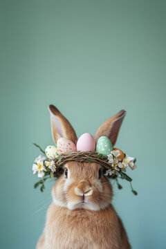 Close-up portrait of an adorable brown rabbit with a easter eggs nest wreath on its head against a pastel green background, an Easter celebration