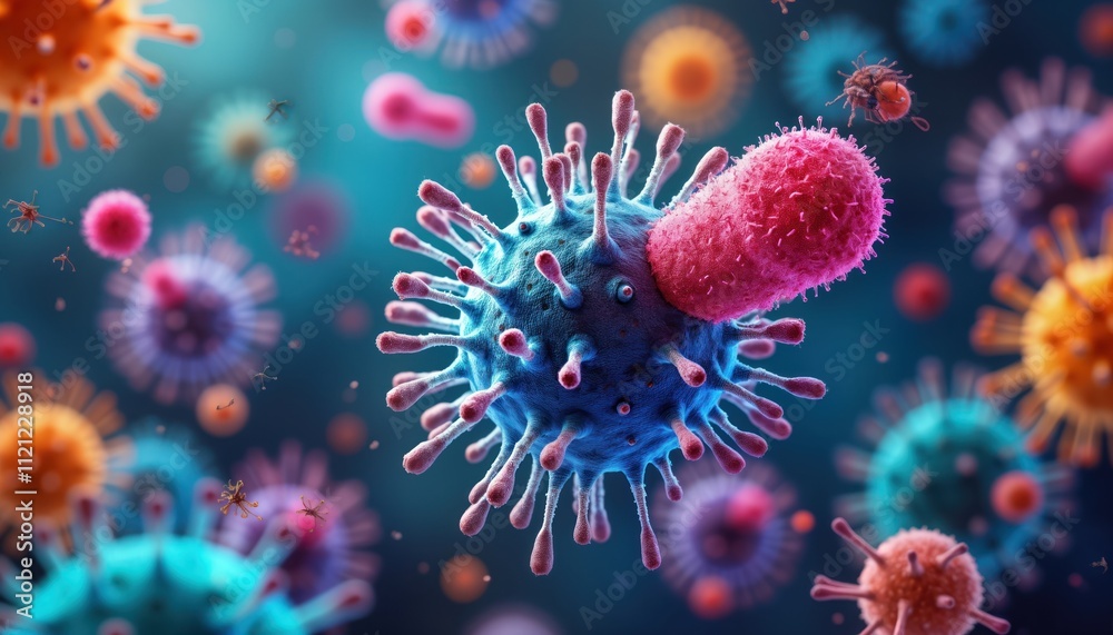 Aufkleber microscopic view of various bacteria. colorful shapes, sizes visible. bacteria interact, move. medic