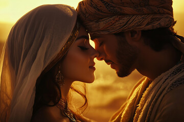 beautiful woman   , kissing the beautiful man , desert , photorealistic , cinematic light , aesthetics of an oriental fairy tale