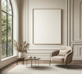 Fototapeta premium Beige armchair, coffee table, and large frame in elegant room with arched window.