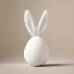 minimalist easter greeting card. white egg with fluffy bunny ears isolated on solid background