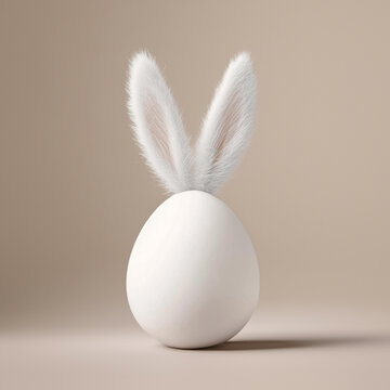 Fototapeta minimalist easter greeting card. white egg with fluffy bunny ears isolated on solid background
