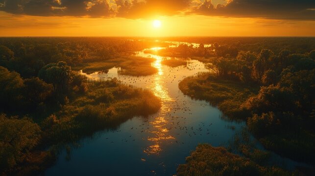 Serene Wetlands and River Channels at Sunset